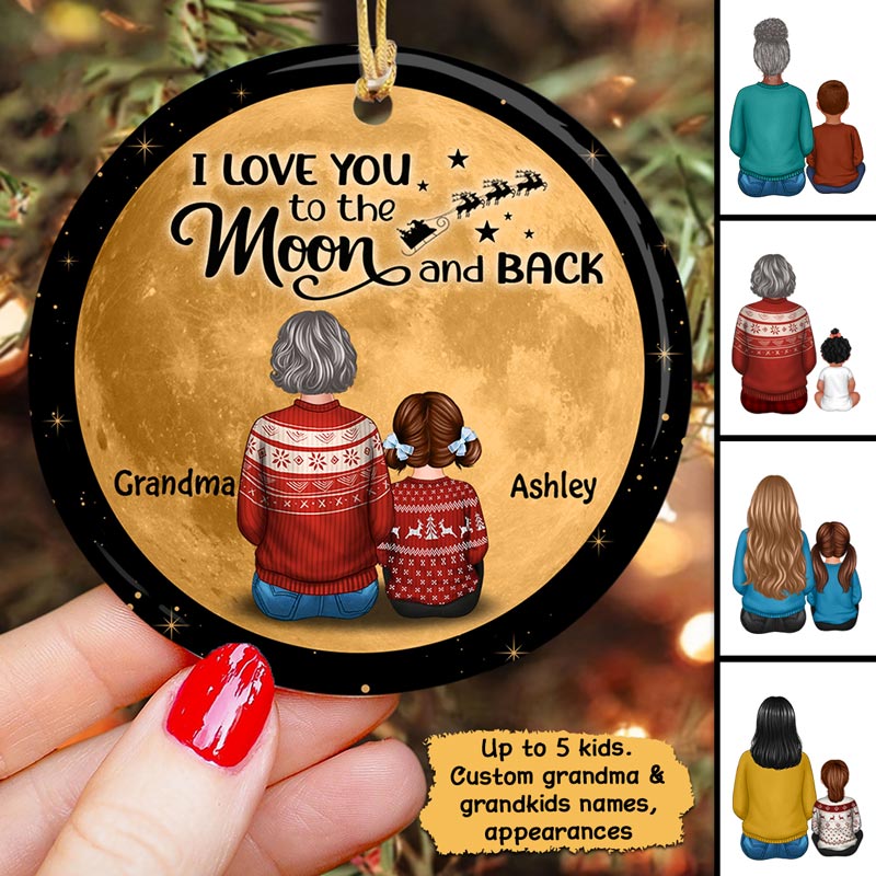Orange Moon Sparkling Grandma Grandkids Personalized Circle Ornament