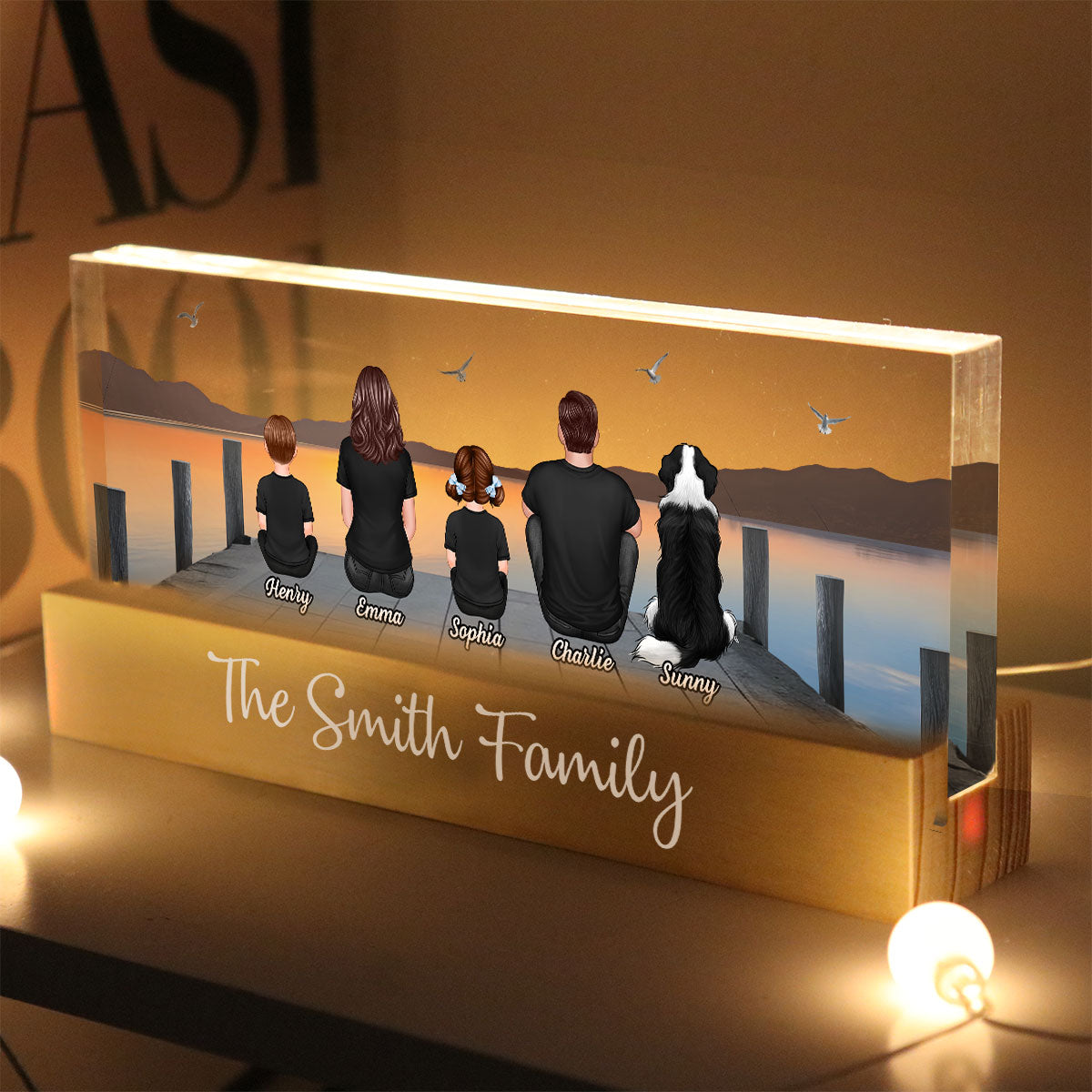 Family Sitting On The Bridge Lake Dock Personalized Acrylic Block LED Night Light, Gift for Mom, Gift for Grandma, Gift for Wife