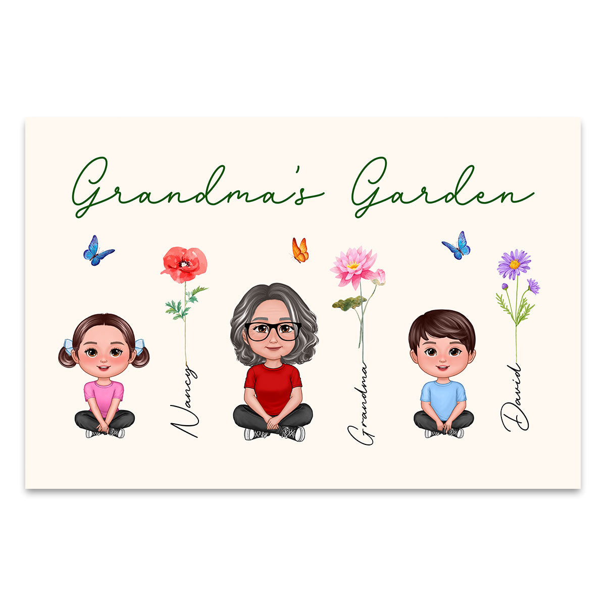 Grandma Grandkids Sitting Crossed Legs Garden Watercolor Birth Month Flowers Mother‘s Day Gift Personalized Horizontal Poster