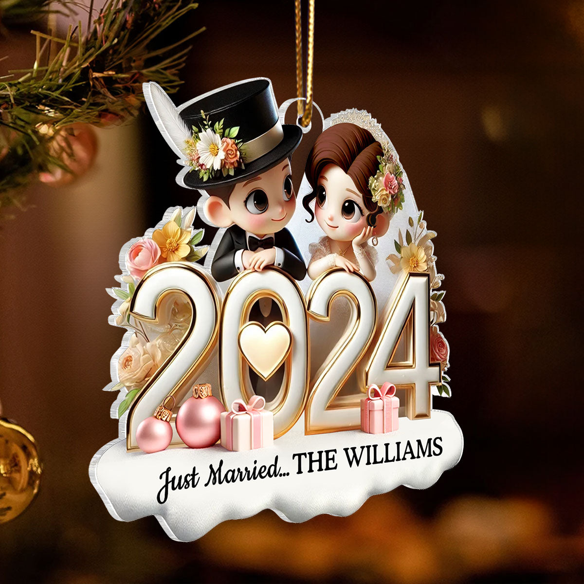 2024 Just Married Pretty Couple Personalized Acrylic Ornament, Unique Christmas Gift For Her For Him For Newlywed Couple