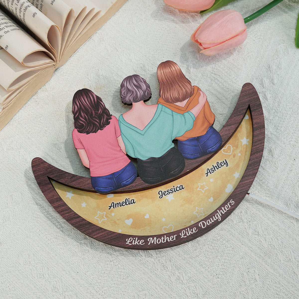 Mother Daughters Sitting On Moon Personalized 2-Layered Wooden Plaque With LED, Mother's Day gift for Mom for Daughters