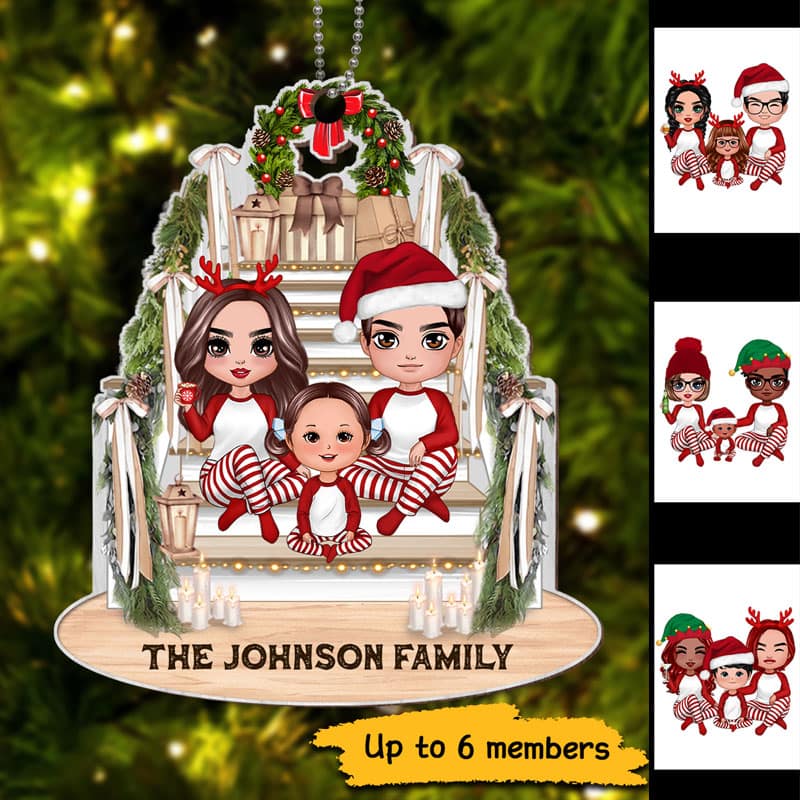 Pajamas Doll Family Sitting On Christmas Stair Personalized Wooden Ornament