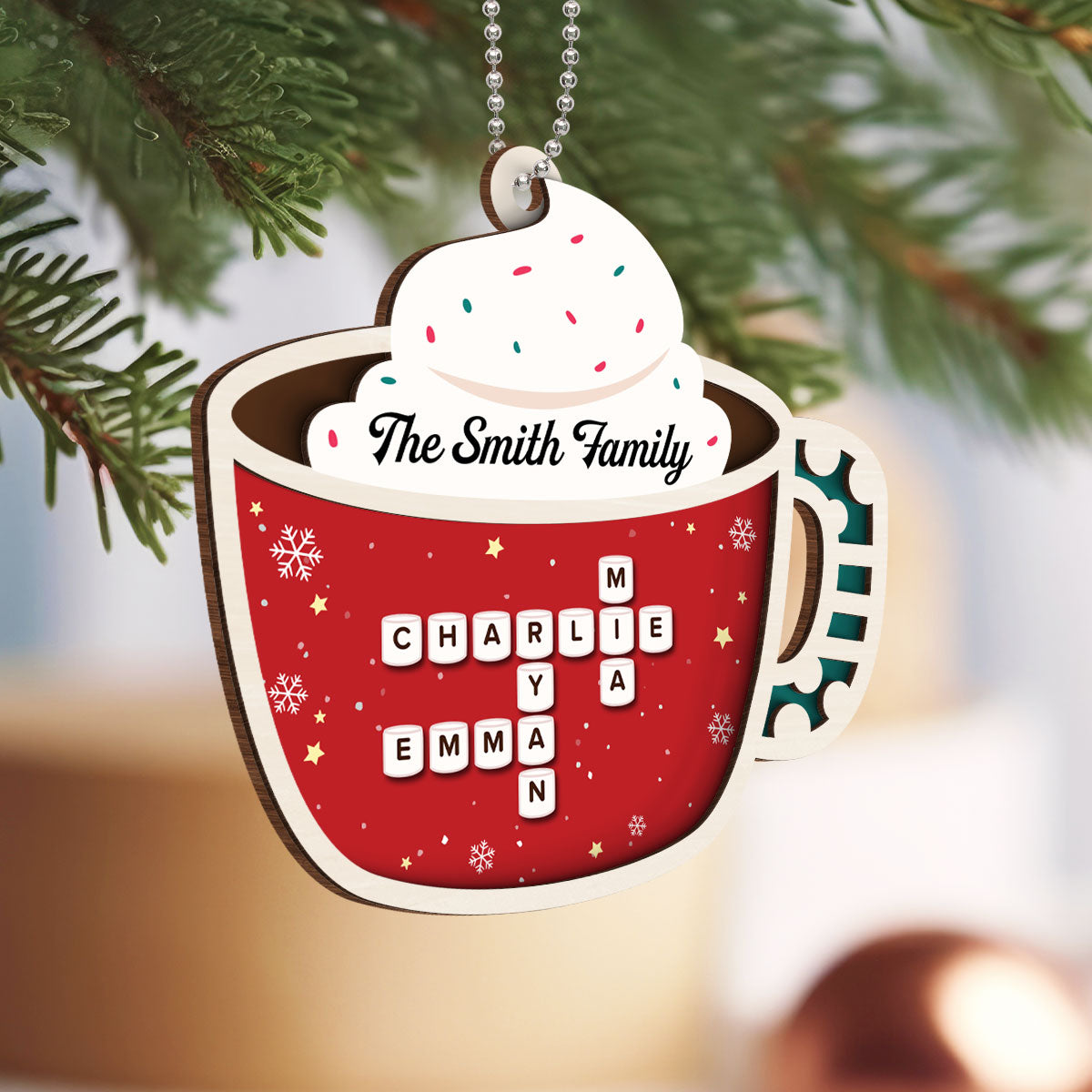 Family Marshmallow In Hot Cocoa Crossword 2-Layered Wooden Ornament, Personalized Christmas Ornament, Unique Decoration For Family