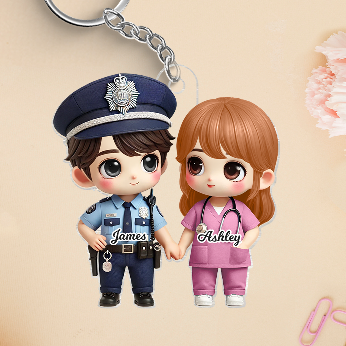 3D Effect Cute Cartoon Couple Gift by Occupation Gift For Her Gift For Him Personalized Acrylic Keychain, Anniversary Gift For Couple