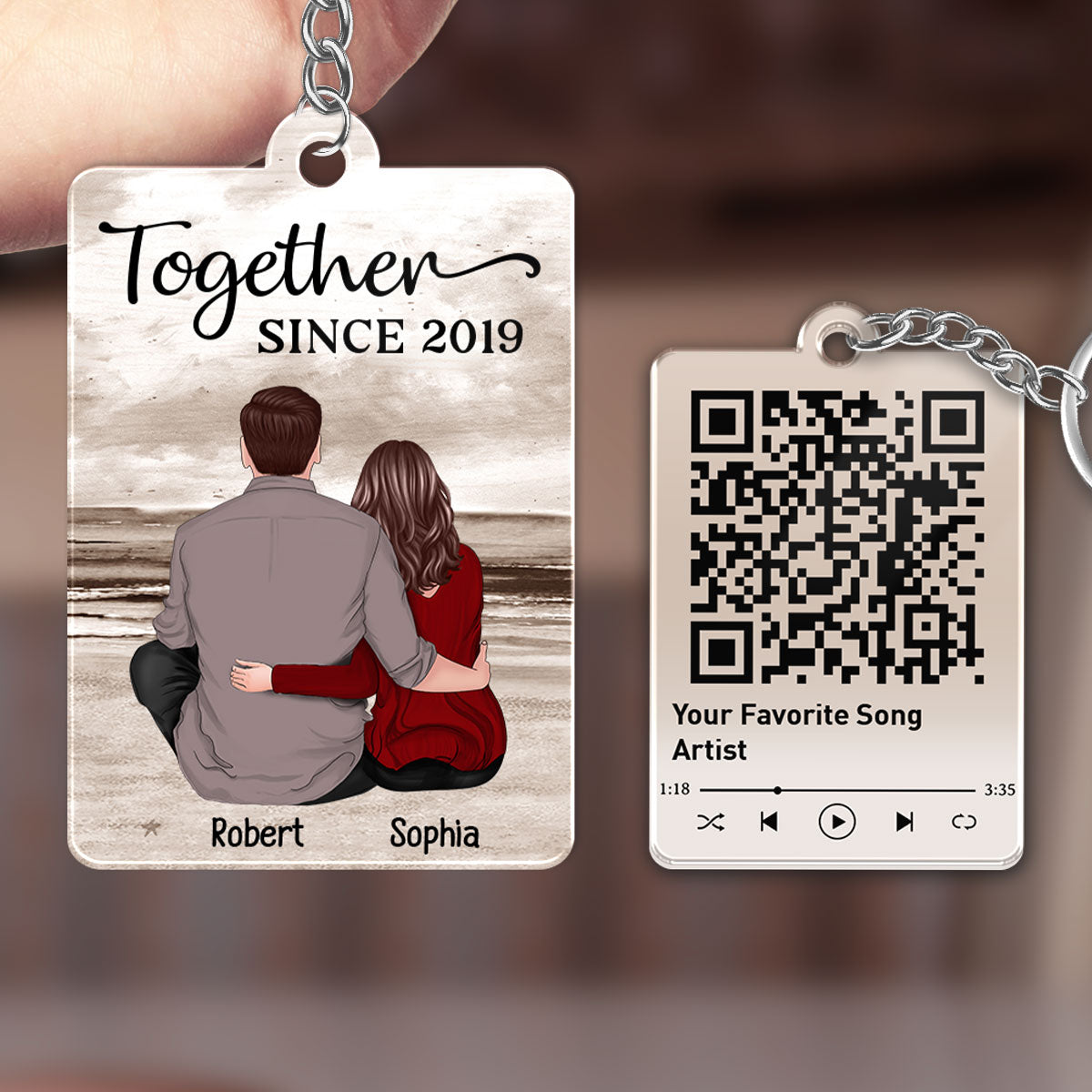 Retro Vintage Couple Sitting At Beach Favorite Song QR Code Personalized Acrylic Keychain