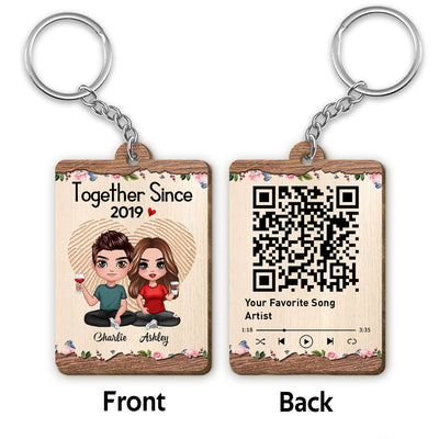 Doll Couple Sitting Favorite Song Scannable QR Code Floral Personalized Wooden Keychain
