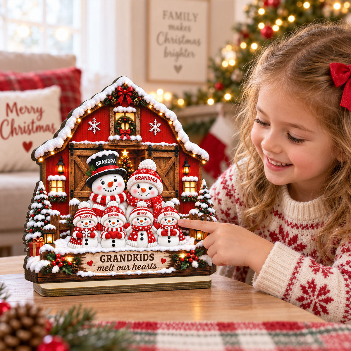 Heartwarming Christmas Snowman Grandpa Grandma Grandkids Barn House - Personalized 2-Layered Wooden Plaque - Christmas Gift For Grandparents, Grandparents House Decor