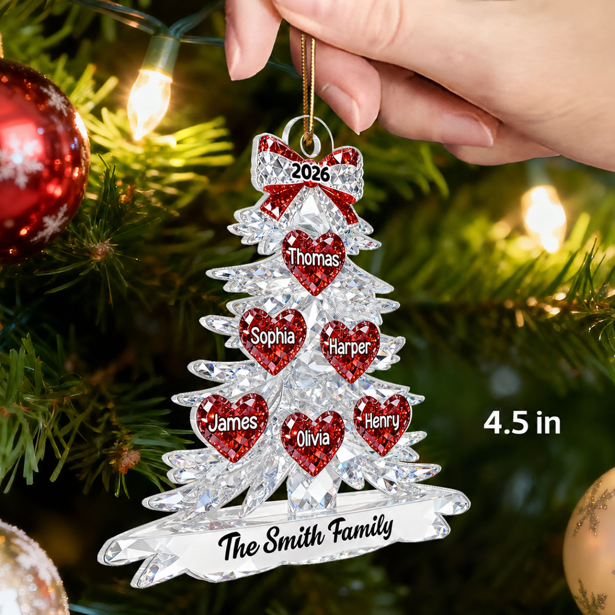 3D Effect Flat Family Christmas Tree Hearts Names - Personalized Acrylic Ornament - Gift For Family