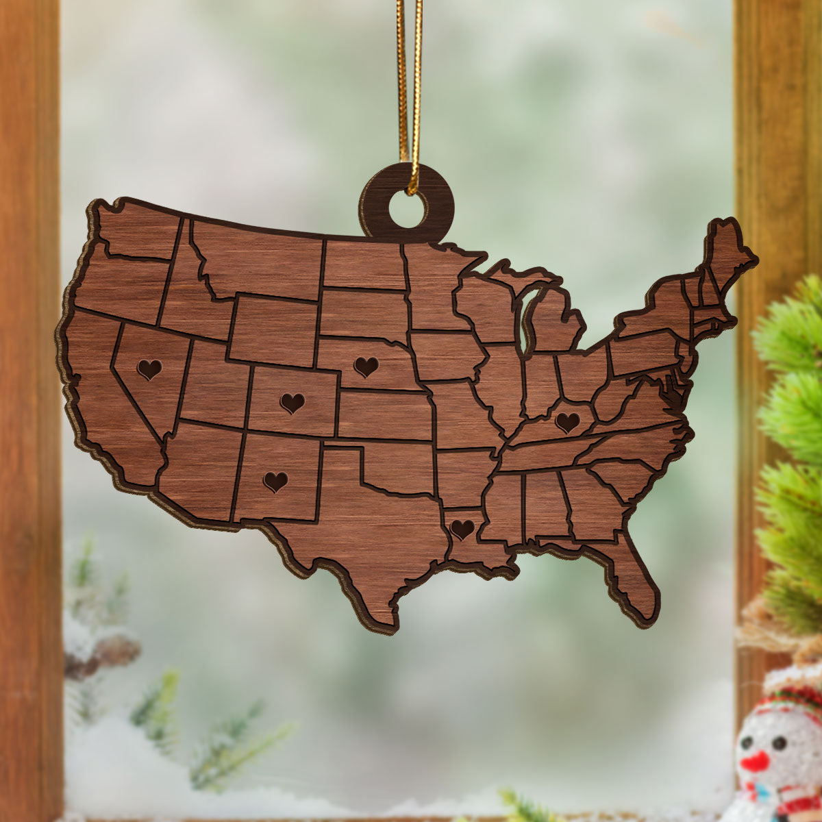 Family Close At Heart State USA Map Personalized Wooden Ornament
