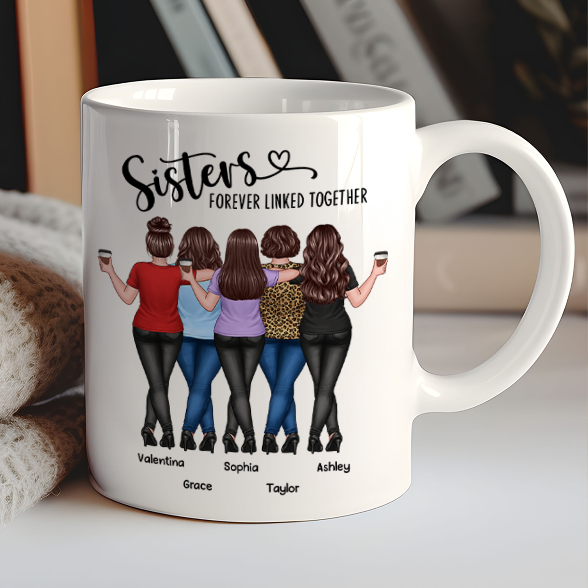 Back View Sisters Walking Forever Linked Together Personalized Mug, Gift For Sisters, Siblings