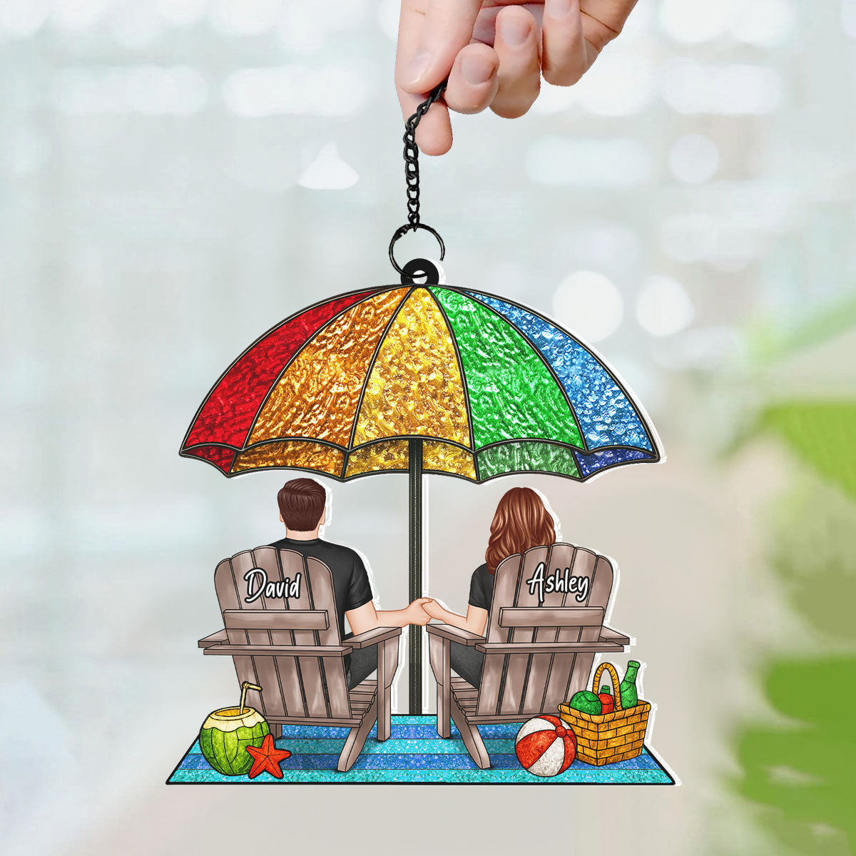 Under Beach Umbrella Happy Couple Personalized Suncatcher
