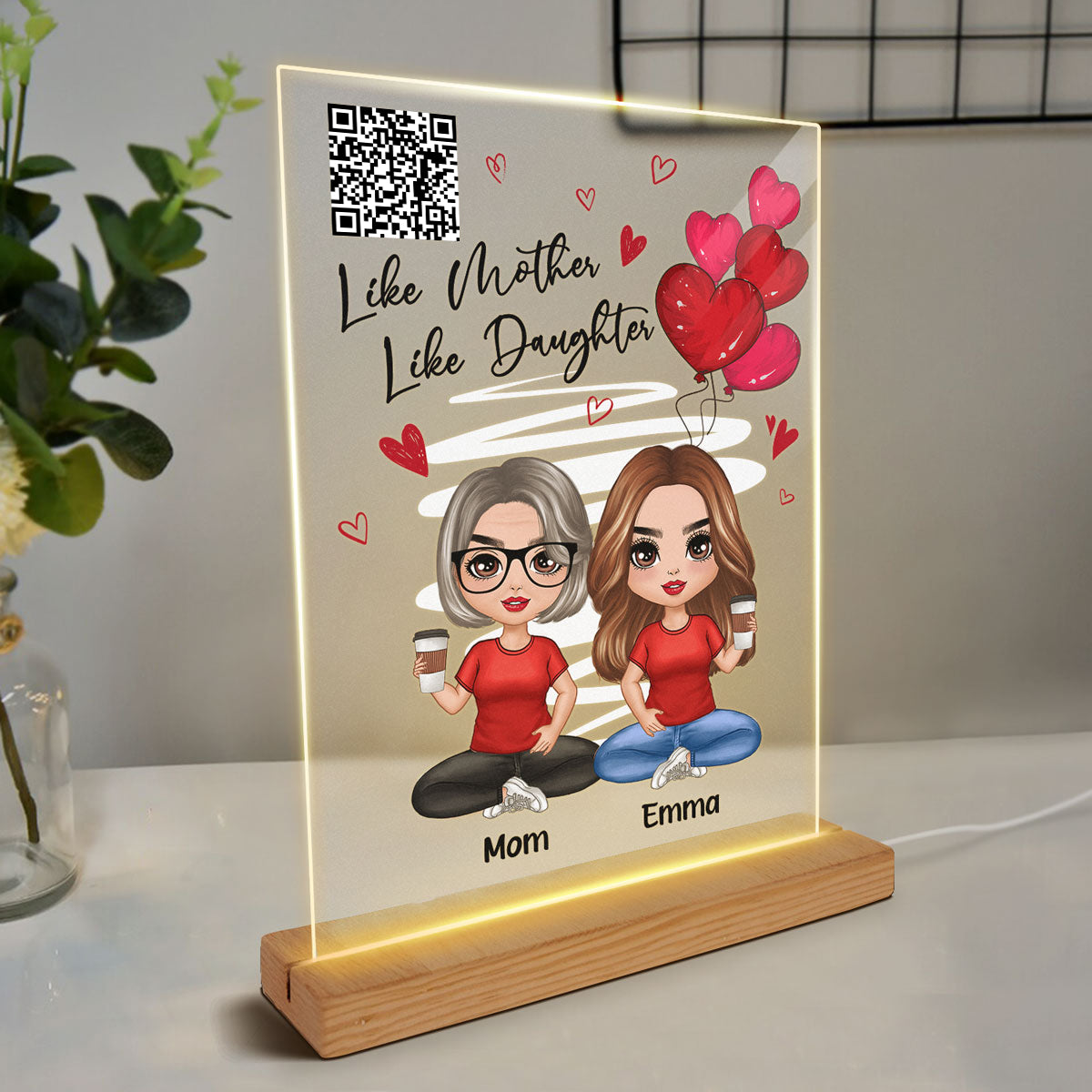 Red Hearts Favorite Song Scannable QR Code Like Mother Like Daughters Doll Mom And Daughters Sitting Personalized Rectangle Acrylic Plaque LED Night Light
