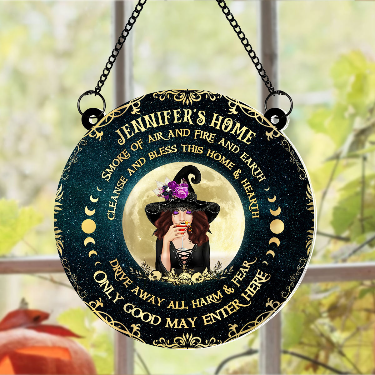 Smoke Of Air And Fire And Earth, Halloween Personalized Window Hanging Suncatcher Ornament, Halloween Witch Decor