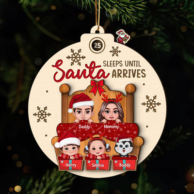 Sleeps Till Santa Arrives Christmas Doll Family Couple Dogs Cats On Bed Personalized Countdown Ornament