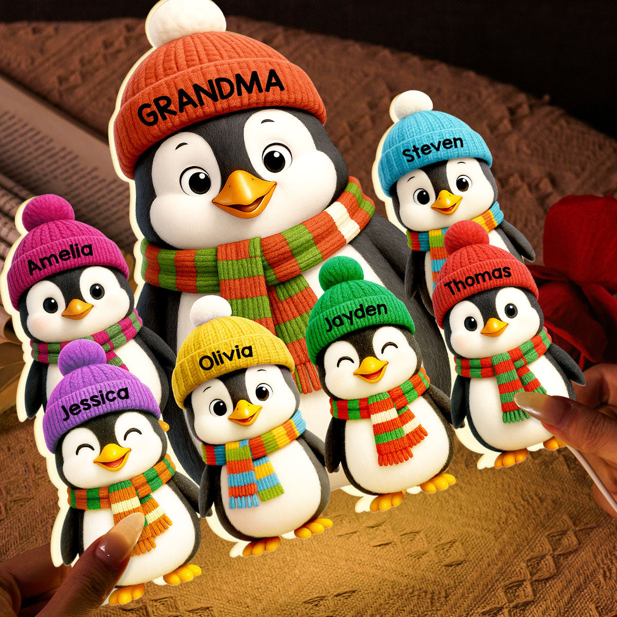 3D Effect Heartwarming Christmas Penguins Grandma Grandkids - Personalized Light Box