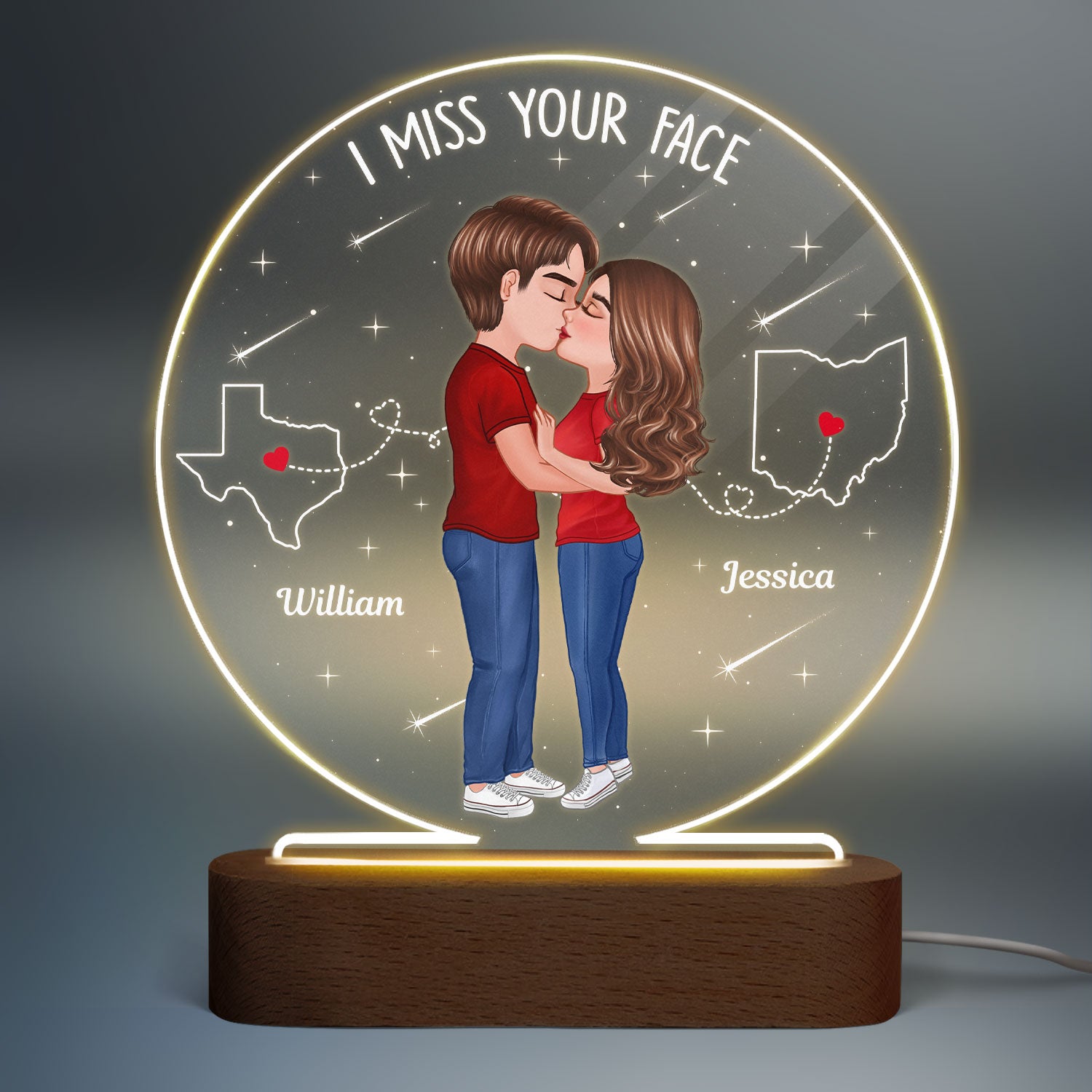 Long Distance Couple Kising State Map Personalized Circle Acrylic LED Night Light