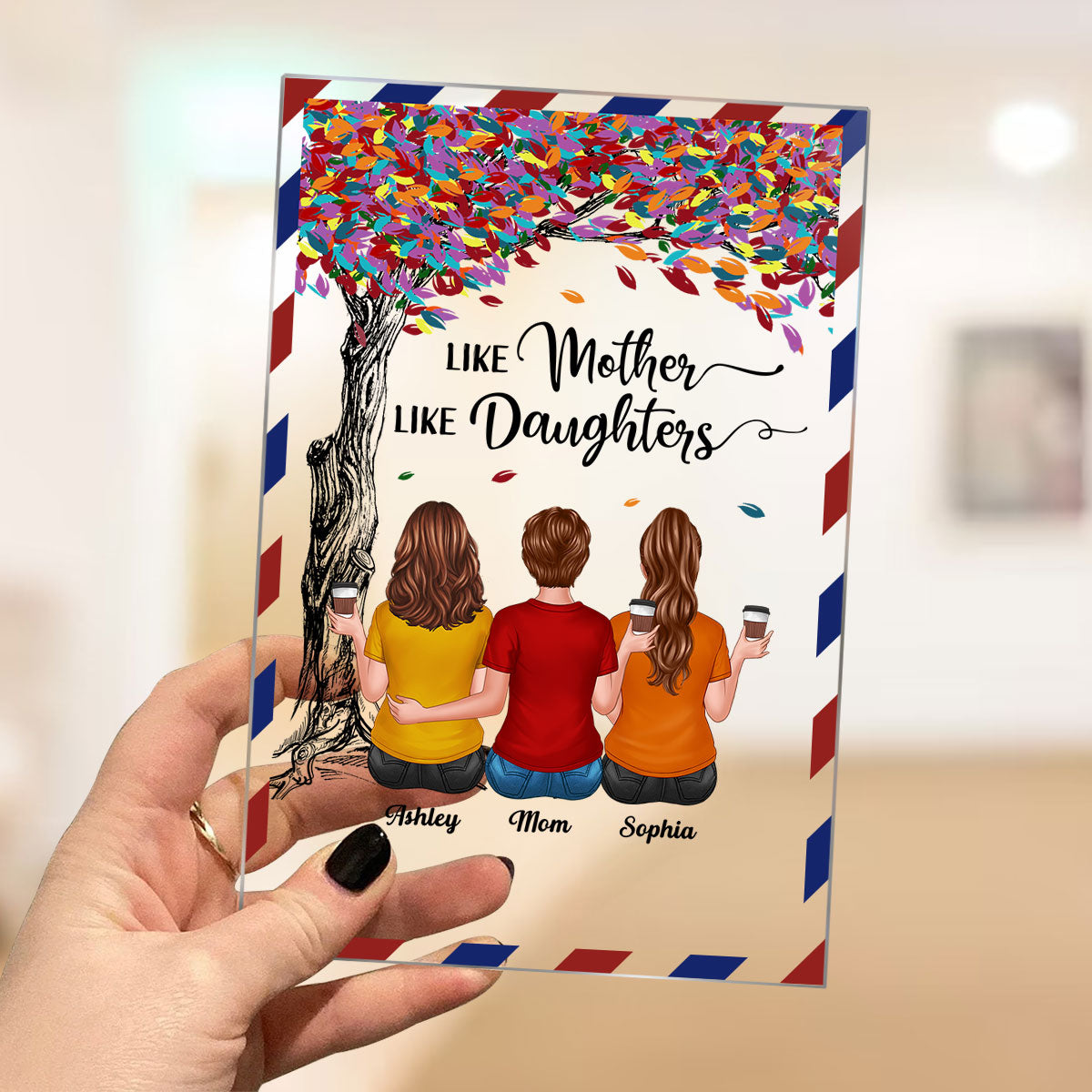 Back View Mom Daughters Sitting Under Colorful Tree Envelope Pattern Personalized Acrylic Plaque