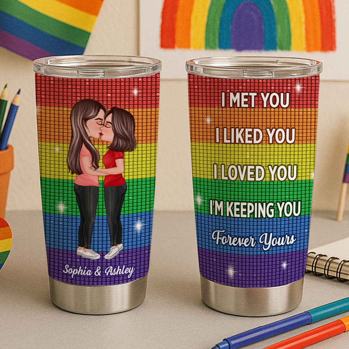 LGBT Couple Kissing I Met You I Love You Pride Month Personalized Tumbler (Not Real Rhinestones)