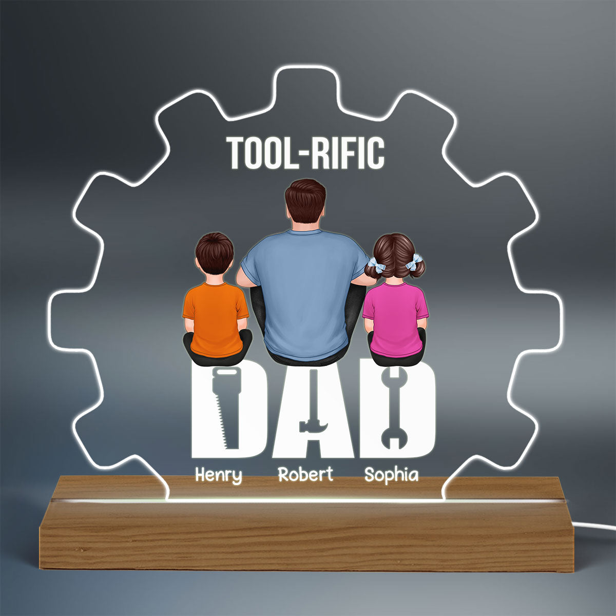 Tool-rific Dad Back View Man Kids Dog Cat Father‘s Day Gift Personalized Custom Shape Acrylic Plaque Warm LED Night Light