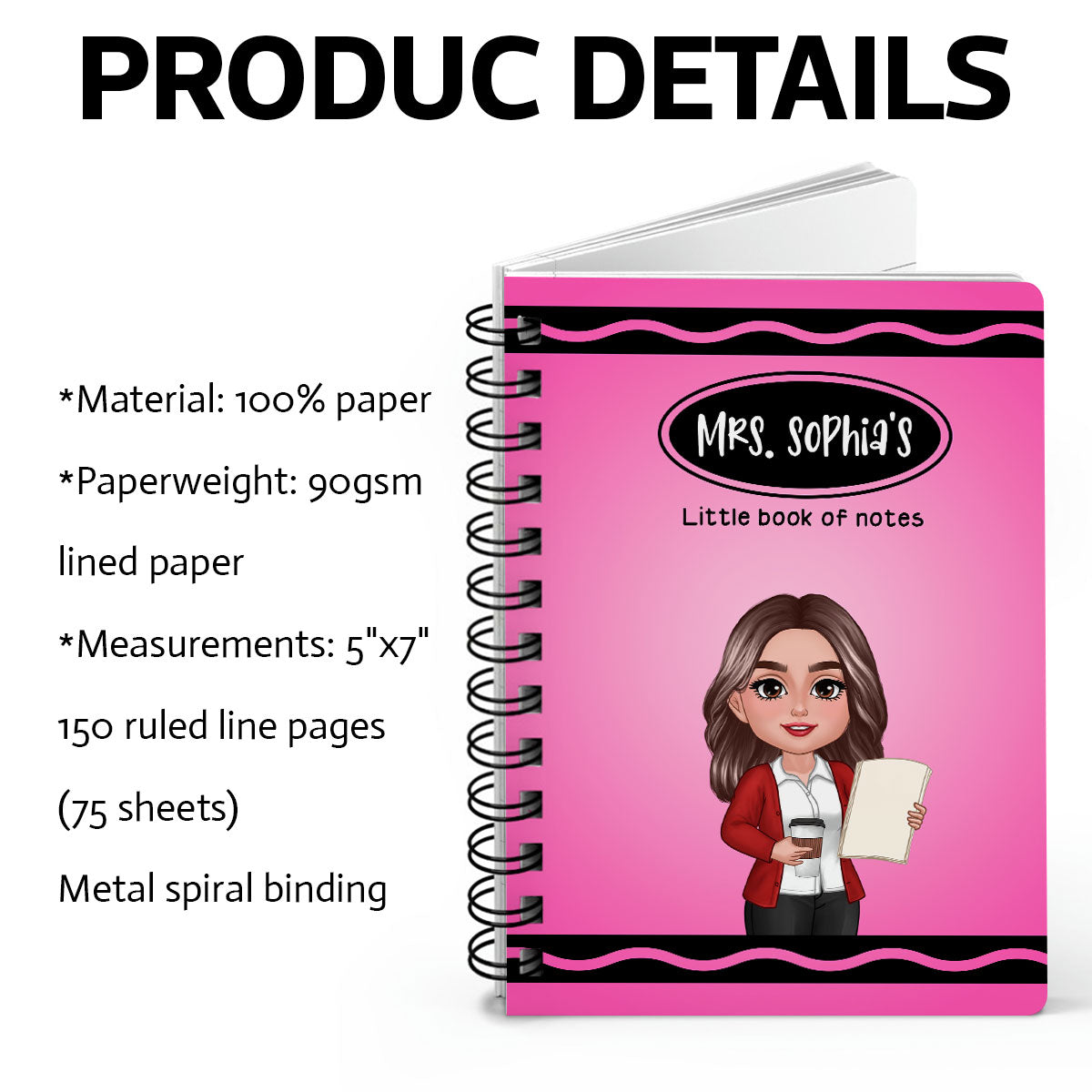 Crayon Themed Teacher Name Personalized Spiral Notebook Journal, Back To School Stationery
