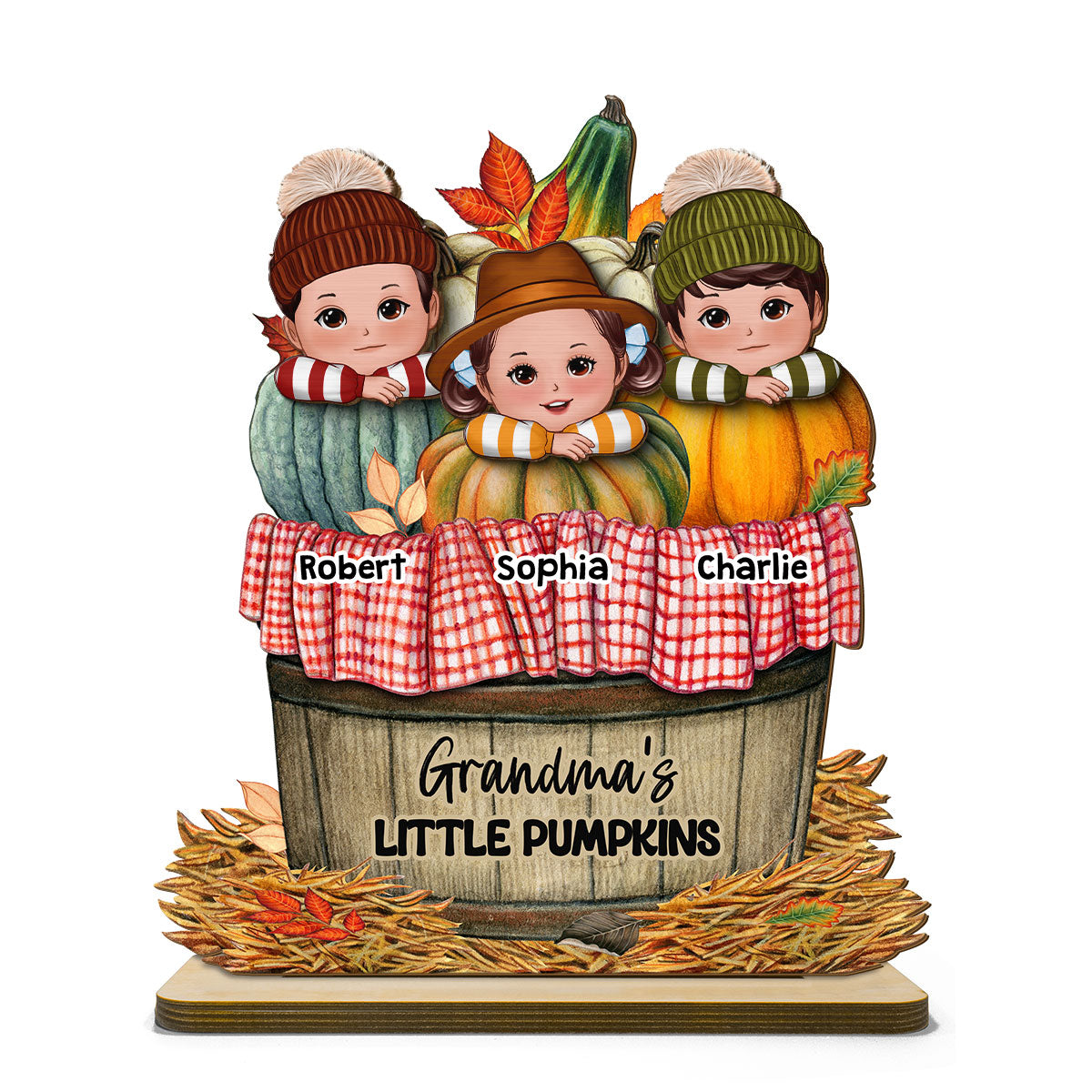 Cute Kids Grandma's Pumpkin Fall Season Personalized 2 Layer Standing Wooden Plaque