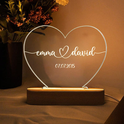 Simple Couple Names Date Personalized Heart Plaque with LED Night Light - Acrylic LED Lamp - Valentines Day Gift - Anniversary Gift - Romantic Gift For Couple - Gift For Him - Gift For Her