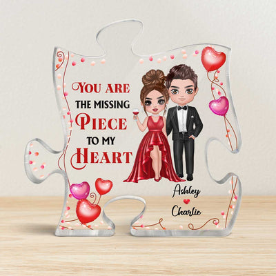 You Are The Missing Piece Dressed Up Doll Couple Heart Balloons Personalized Puzzle Acrylic Plaque - Anniversary Gift For Couple - Gift For Him, Gift For Her