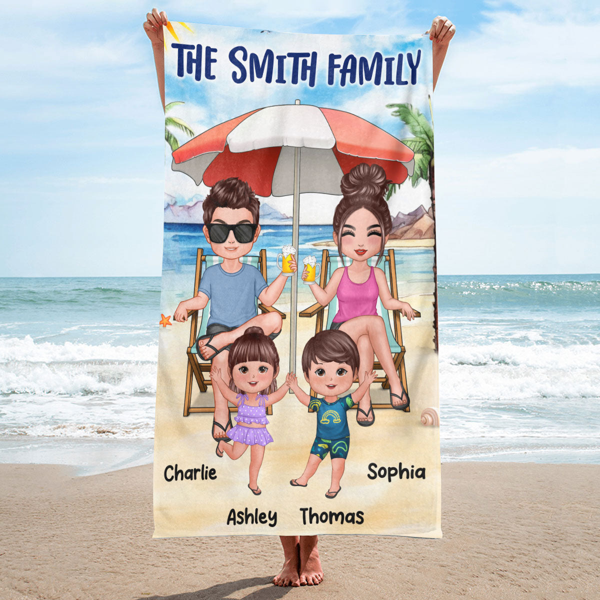 Doll Family Under The Beach Umbrella Personalized Beach Towel