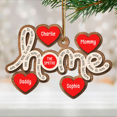 Home Sweet Home Hearts Personalized 2-Layer Wooden Orrnament, Christmas Gift for Family