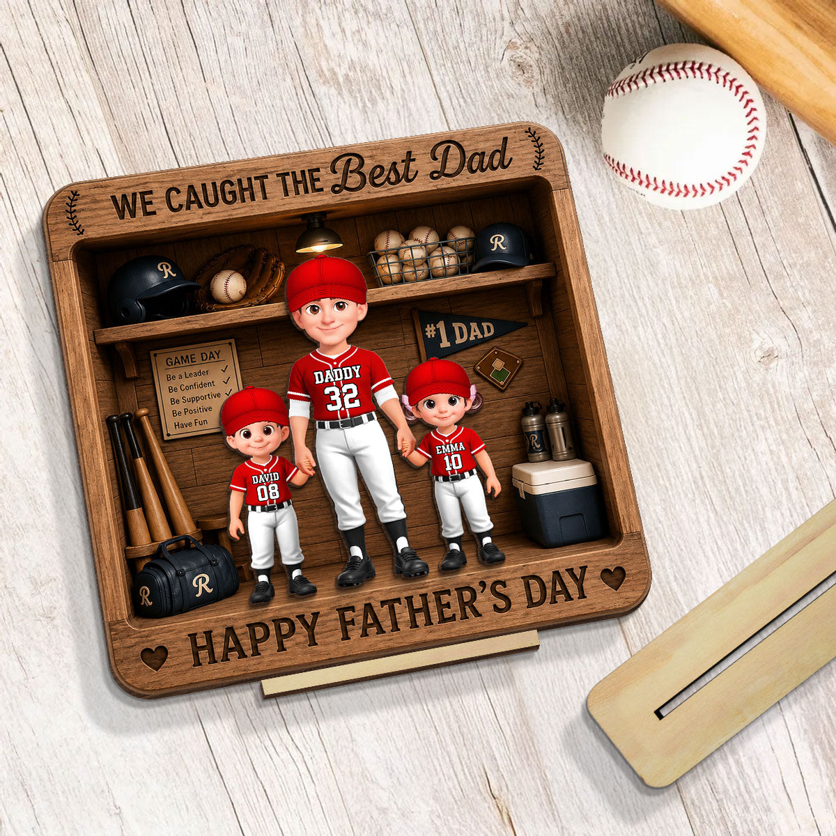Baseball Dad & Kids Locker Room - Personalized 2-Layered Wooden Plaque - Father's Day Gift For Dad, Husband
