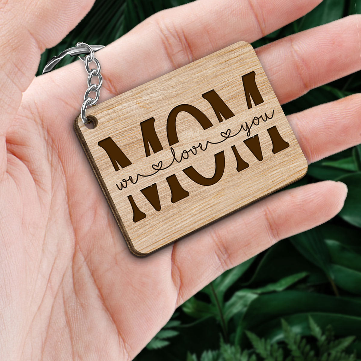 Best Mom Ever Back View Walking Woman & Kids Personalized Wooden Keychain
