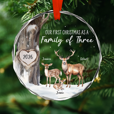 First Christmas As Family Of Three Deers Personalized Glass Ornament