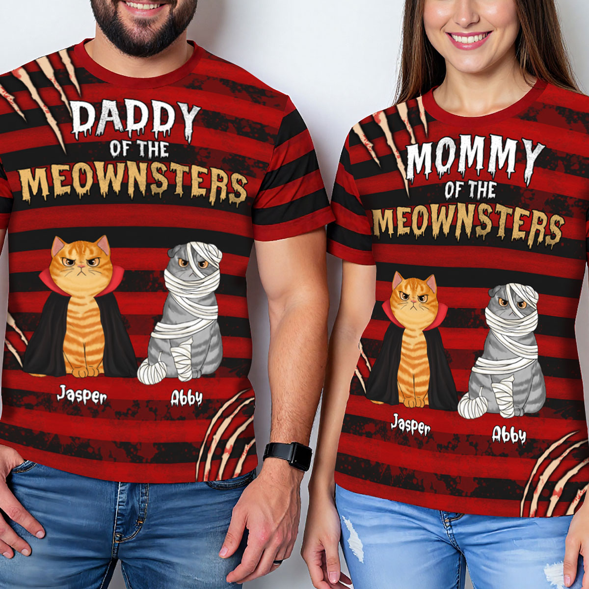 Halloween Horror Theme Cat Mom Cat Dad Personalized 3D Shirt, Halloween Costume For Cat Lovers