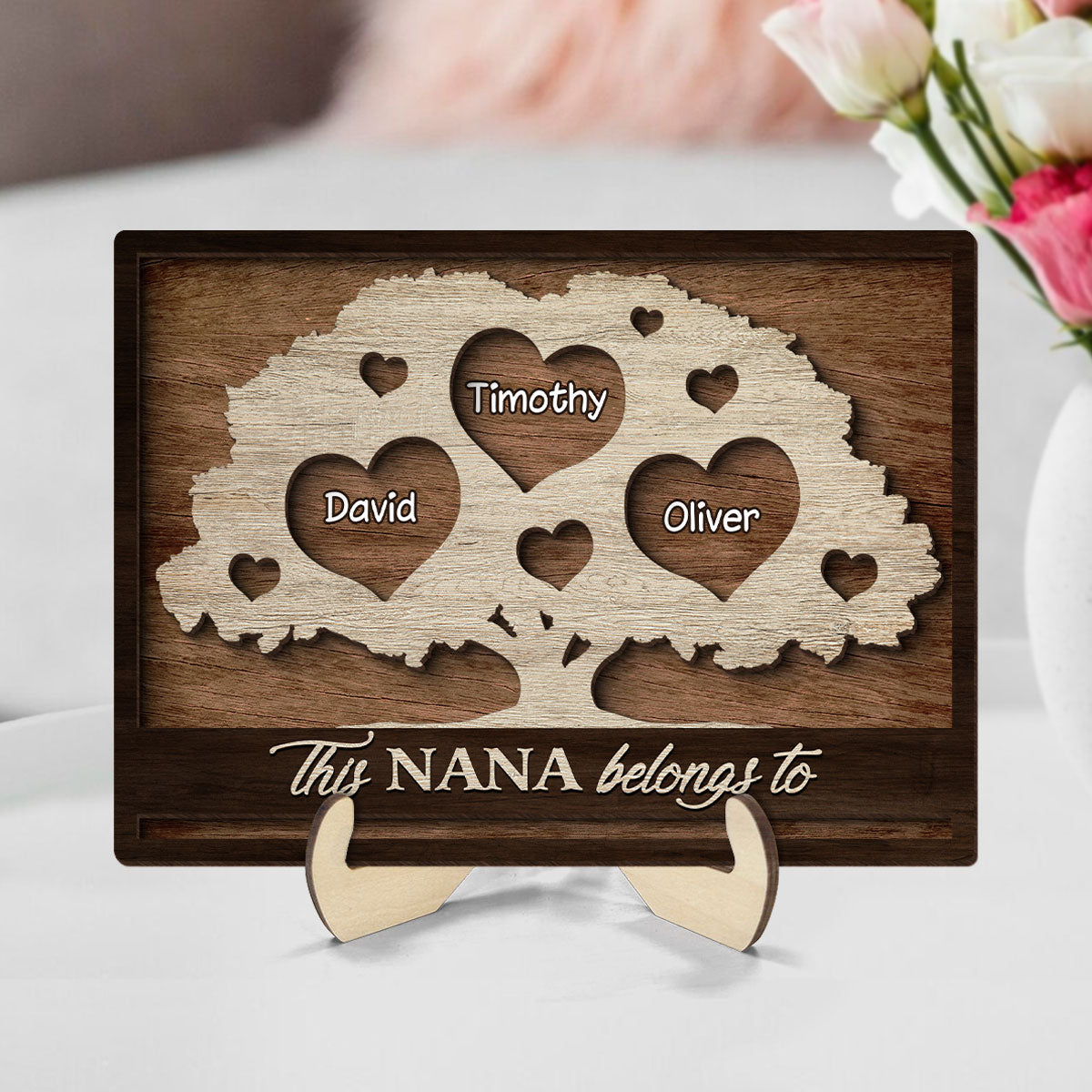 This Grandma Mom Belongs To Heart Tree Personalized 2-Layered Wooden Plaque, Heartfelt Mother's Day gift