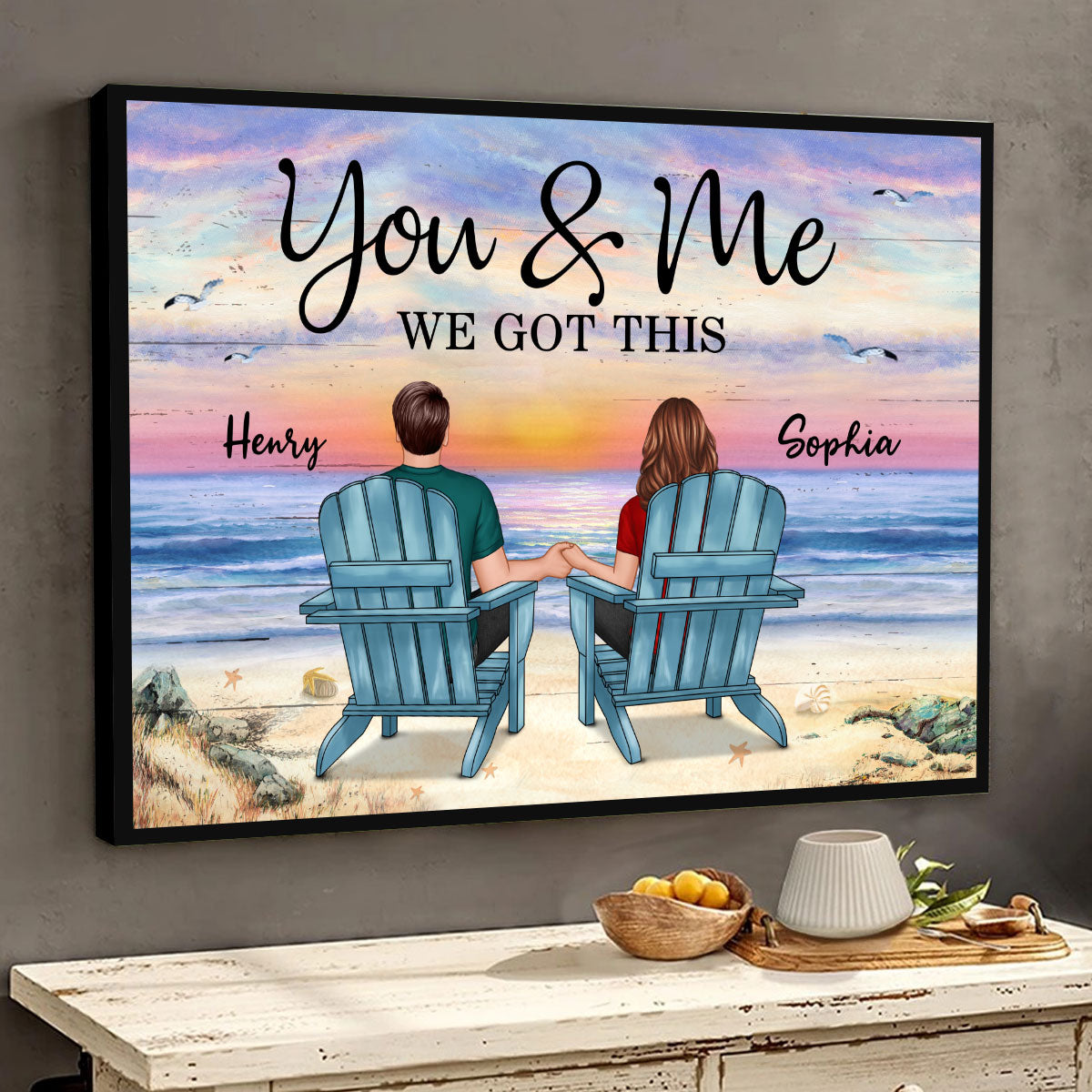 Back View Couple At Beach Purple Sunset Personalized Horizontal Poster