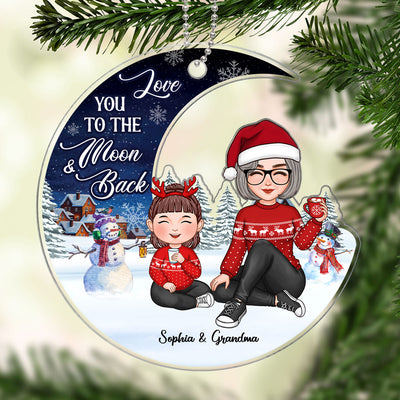 Love To The Moon Christmas Night Landscape Cute Grandma & Grandkid Personalized Acrylic Ornament