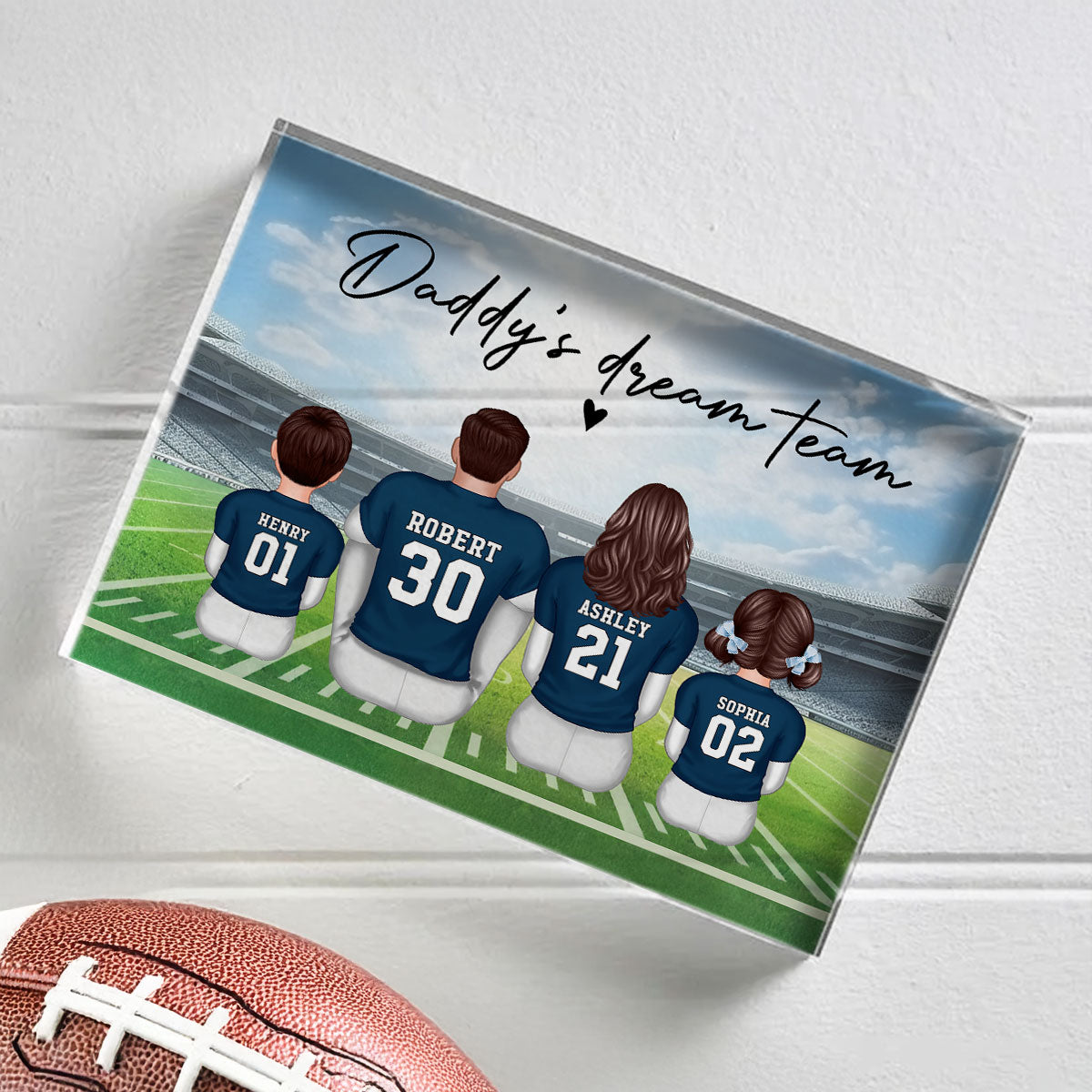 Daddy's Team Football Family Sitting Back View Personalized Acrylic Block, Father's Day Gift