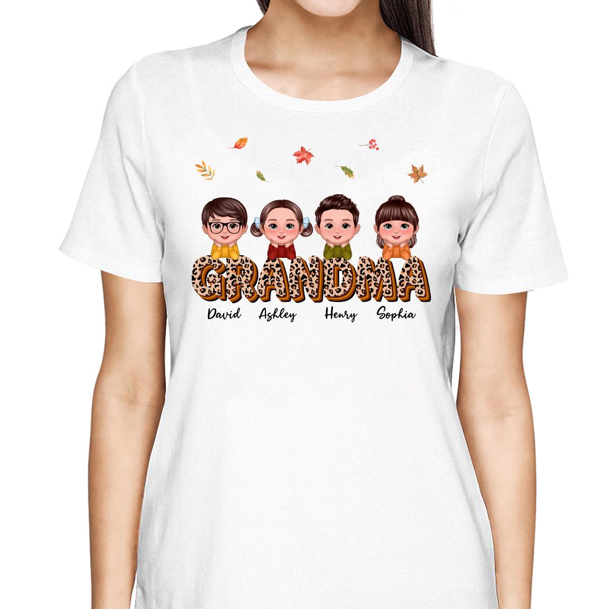 Fall Season Grandma Mom Kids On Text Leopard Personalized Shirt