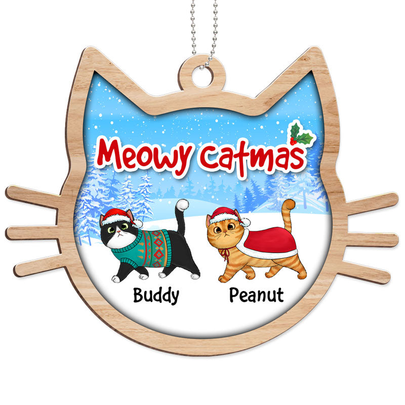 Christmas Walking Fluffy Cats In Cat Shape Personalized Wooden Ornament