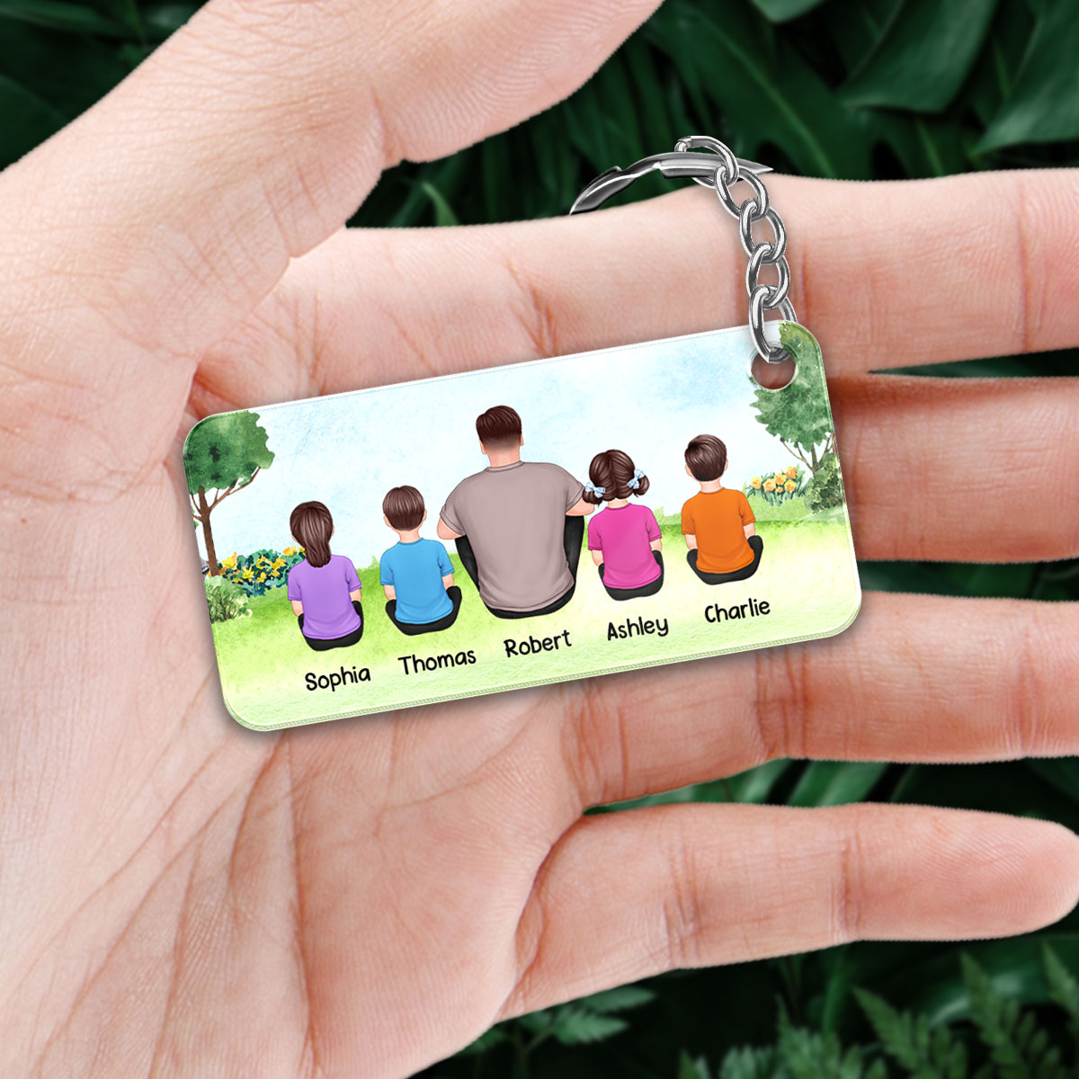 Dad And Kids Sitting Back View In Park Personalized Acrylic Keychain