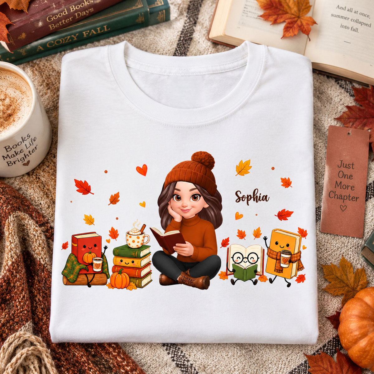 Cozy Fall Vibe Just A Woman Who Loves Books Cute Doodle Kawaii Style - Personalized Shirt - Fall Gift For Book Lovers