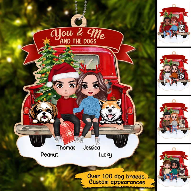 Couple And The Dogs On Christmas Truck Personalized Wooden Ornament