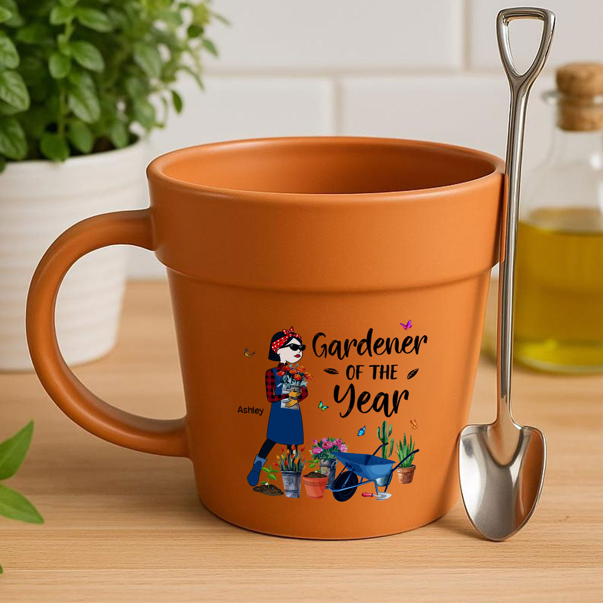 Gardener Of The Year Funny Cartoon Plant Lady Personalized Plant Pot Ceramic Mug
