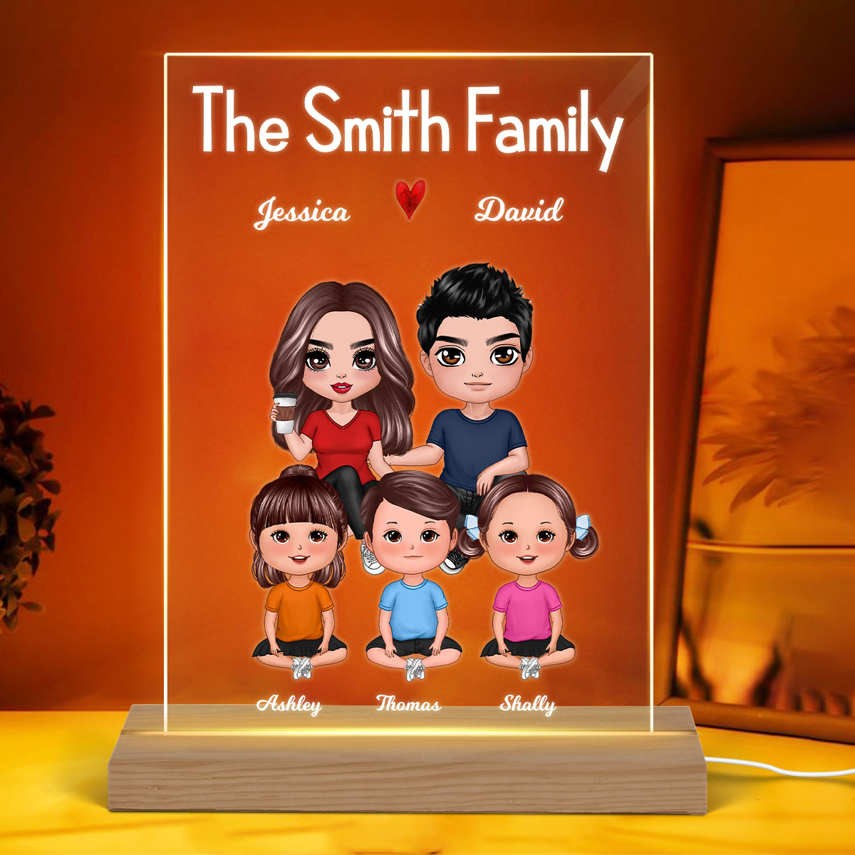 Doll Whole Family Couple Kids Dogs Cats Sitting Personalized Rectangle Acrylic Plaque LED Night Light