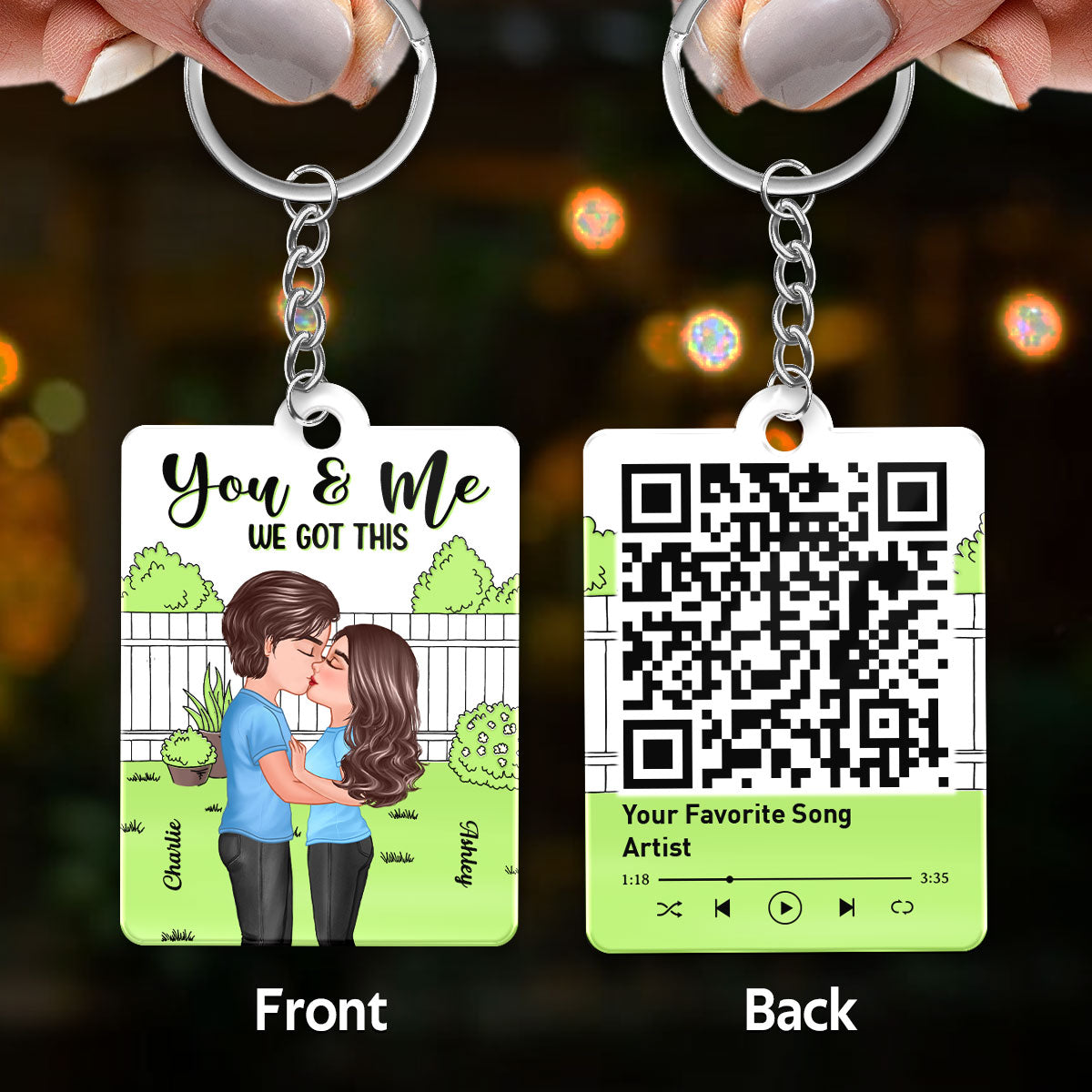 Doll Couple Kissing Green Grass Favorite Song QR Code Personalized Acrylic Keychain