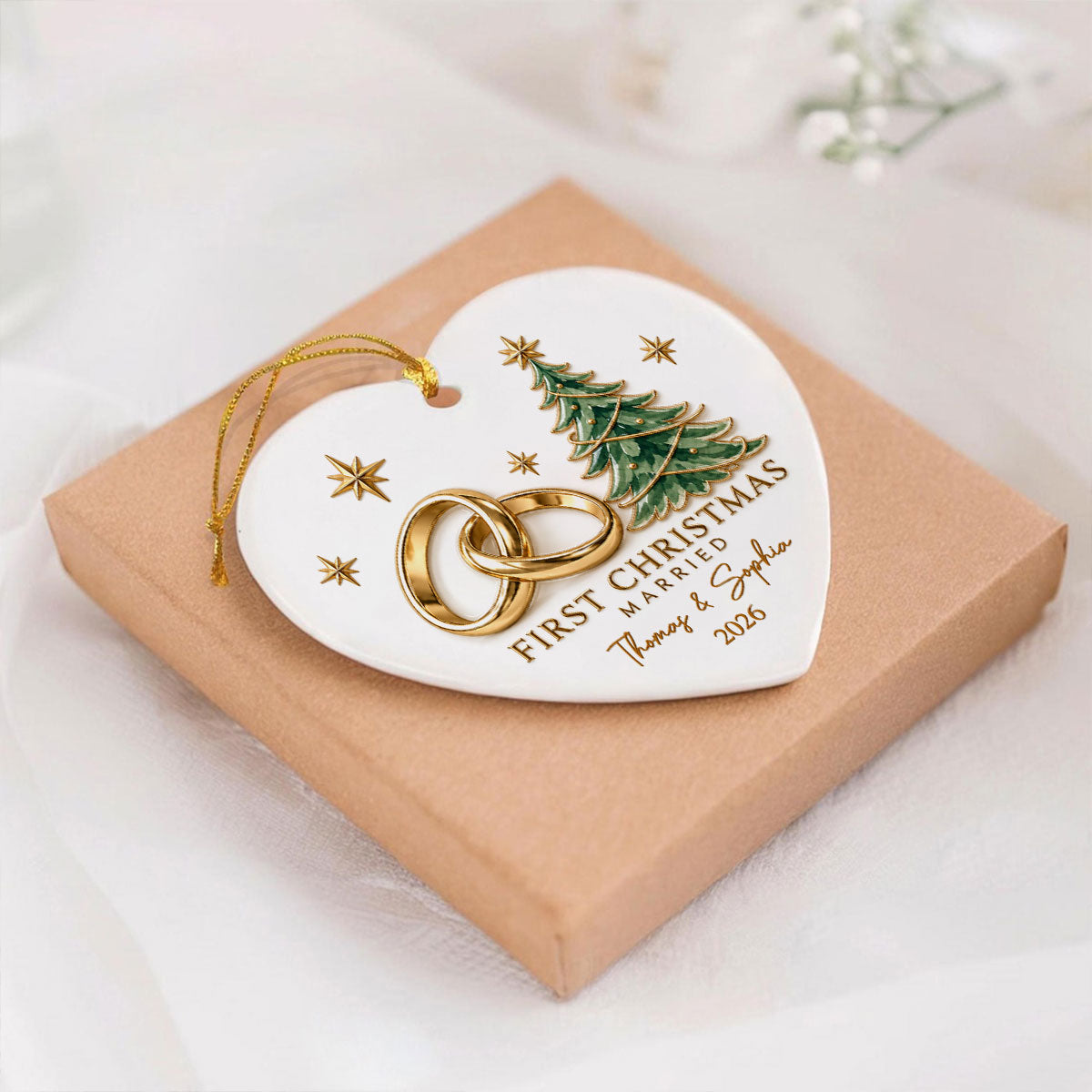 First Christmas Married Couple Names Wedding Rings - Personalized Ceramic Ornament - Newlywed Christmas Gift, Wedding Keepsake