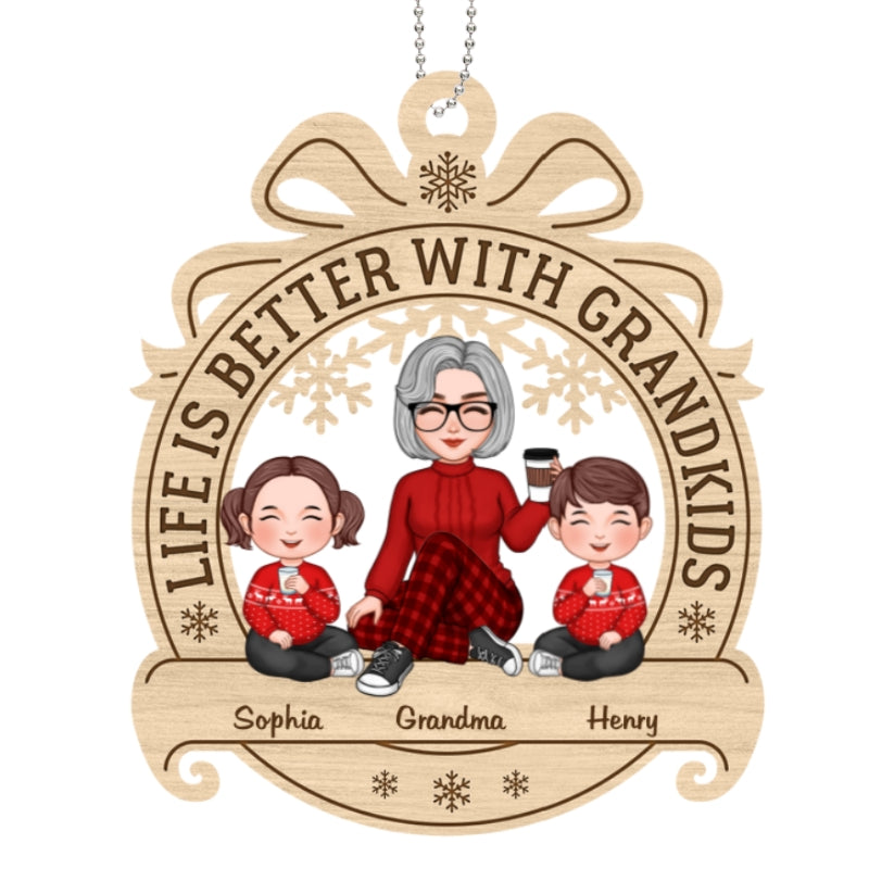 Cute Grandma Grandkids Sitting Ribbon Personalized Wooden Ornament
