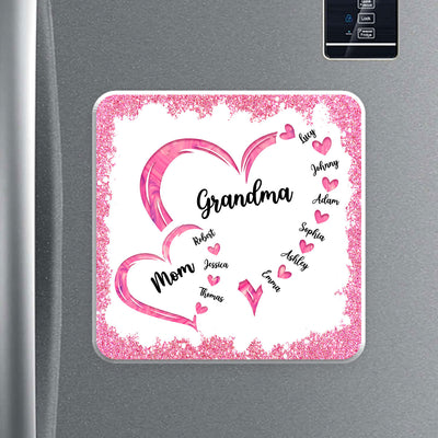 Mom Grandma Hearts In Heart Glitter Effect Personalized Acrylic Fridge Magnet