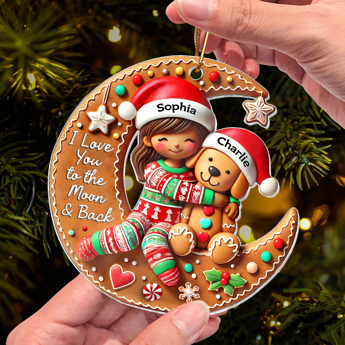 3D Effect Woman Girl And Dog I Love You To The Moon And The Back Personalized Acrylic Ornament, Christmas Gift For Dog Lovers