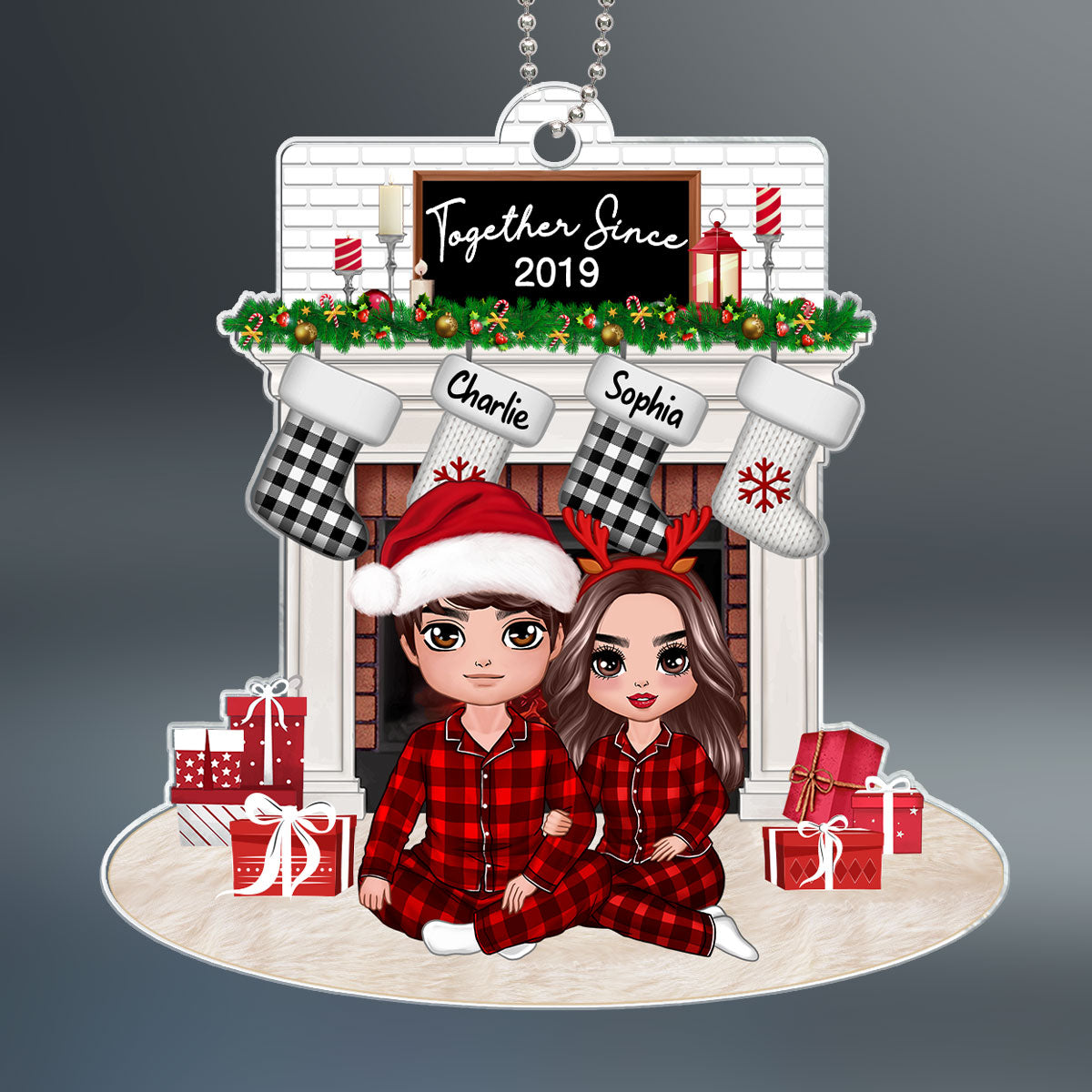 Couple Sitting Hugging At Christmas Fireplace Personalized Acrylic Ornament